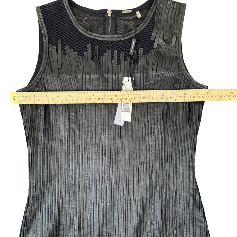 Elie Tahari Womens Black Lamb Leather Fringe Mesh Sleeveless Midi Dress Size 8 - Picture 6 of 9